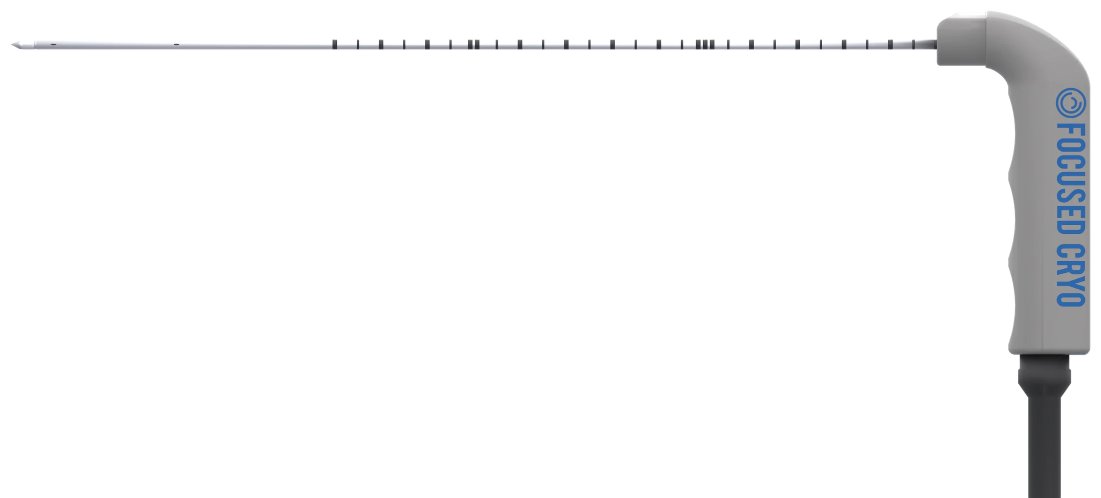 Focused Cryo Directional Cryoprobe, shown grip to tip, with the freeze zone drawn to scale